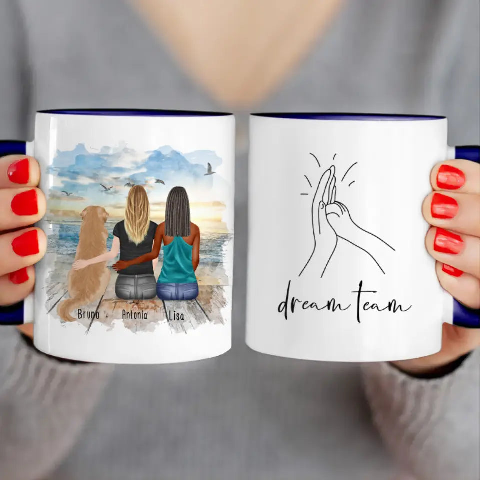 Personalisierte Tasse mit Hund und Frauen (1 Hund + 2 Frauen)