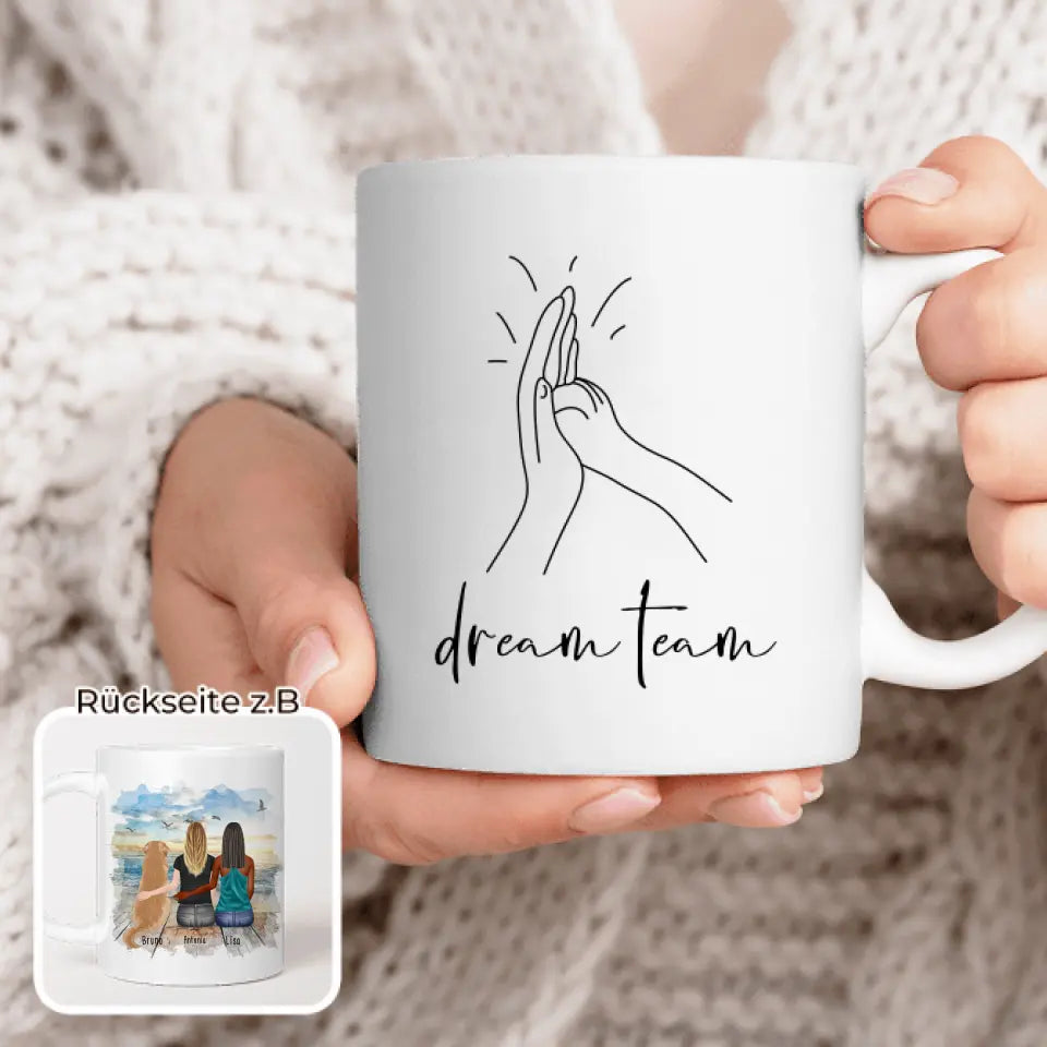 Personalisierte Tasse mit Hund und Frauen (1 Hund + 2 Frauen)