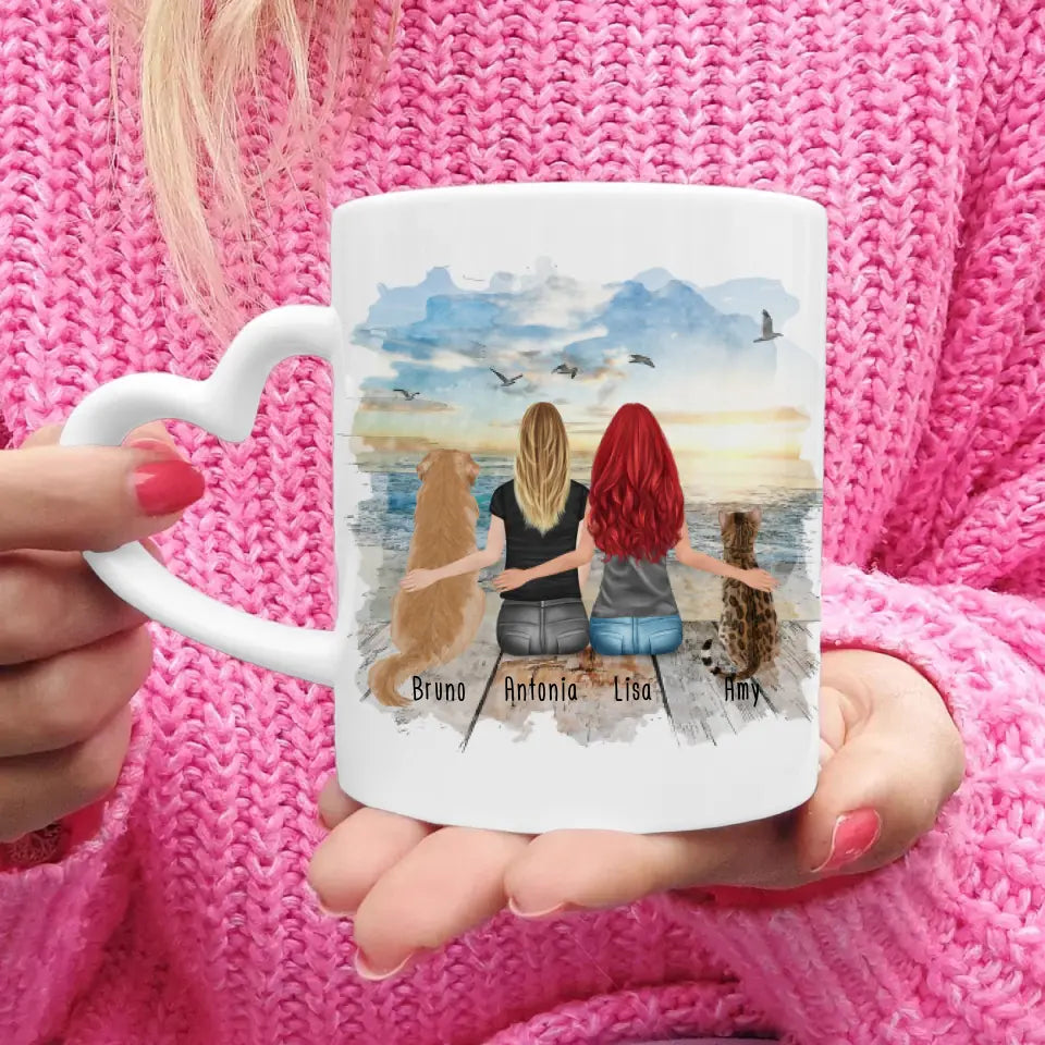 Personalisierte Tasse mit Hund, Katze und Frauen (1 Hund + 1 Katze + 2 Frauen)