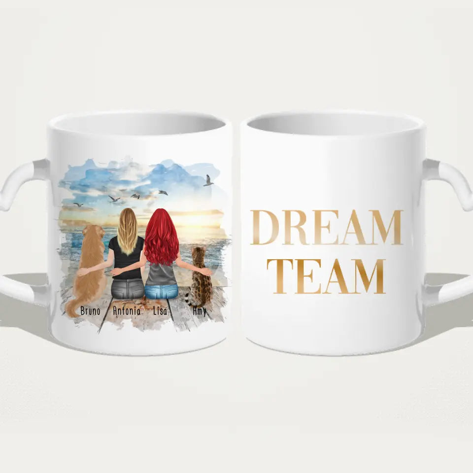 Personalisierte Tasse mit Hund, Katze und Frauen (1 Hund + 1 Katze + 2 Frauen)