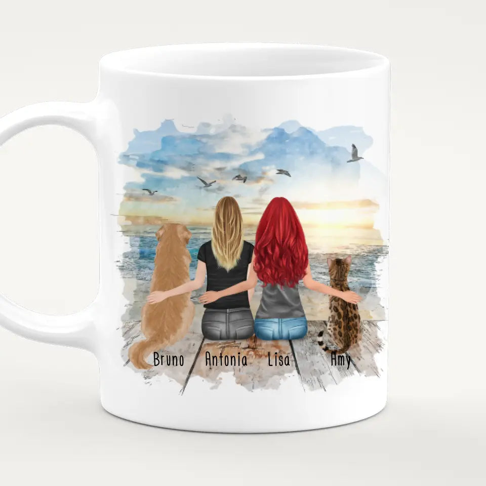 Personalisierte Tasse mit Hund, Katze und Frauen (1 Hund + 1 Katze + 2 Frauen)