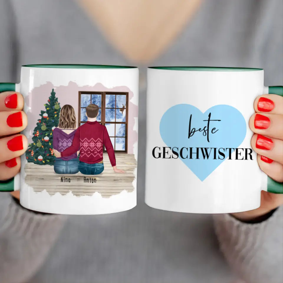 Personalisierte Tasse mit Bruder/Schwester (1 Schwester + 1 Bruder) - Weihnachtstasse