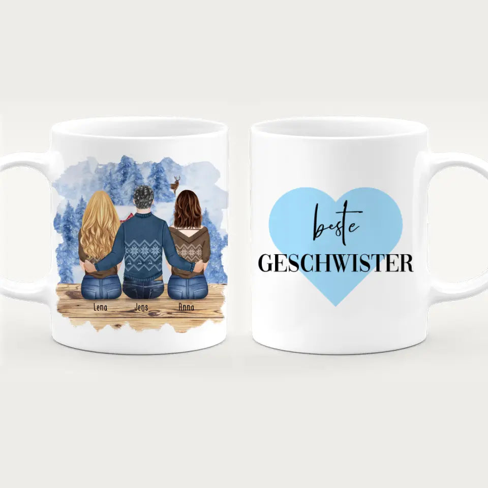 Personalisierte Tasse mit Bruder/Schwester (2 Schwester + 1 Bruder) - Weihnachtstasse