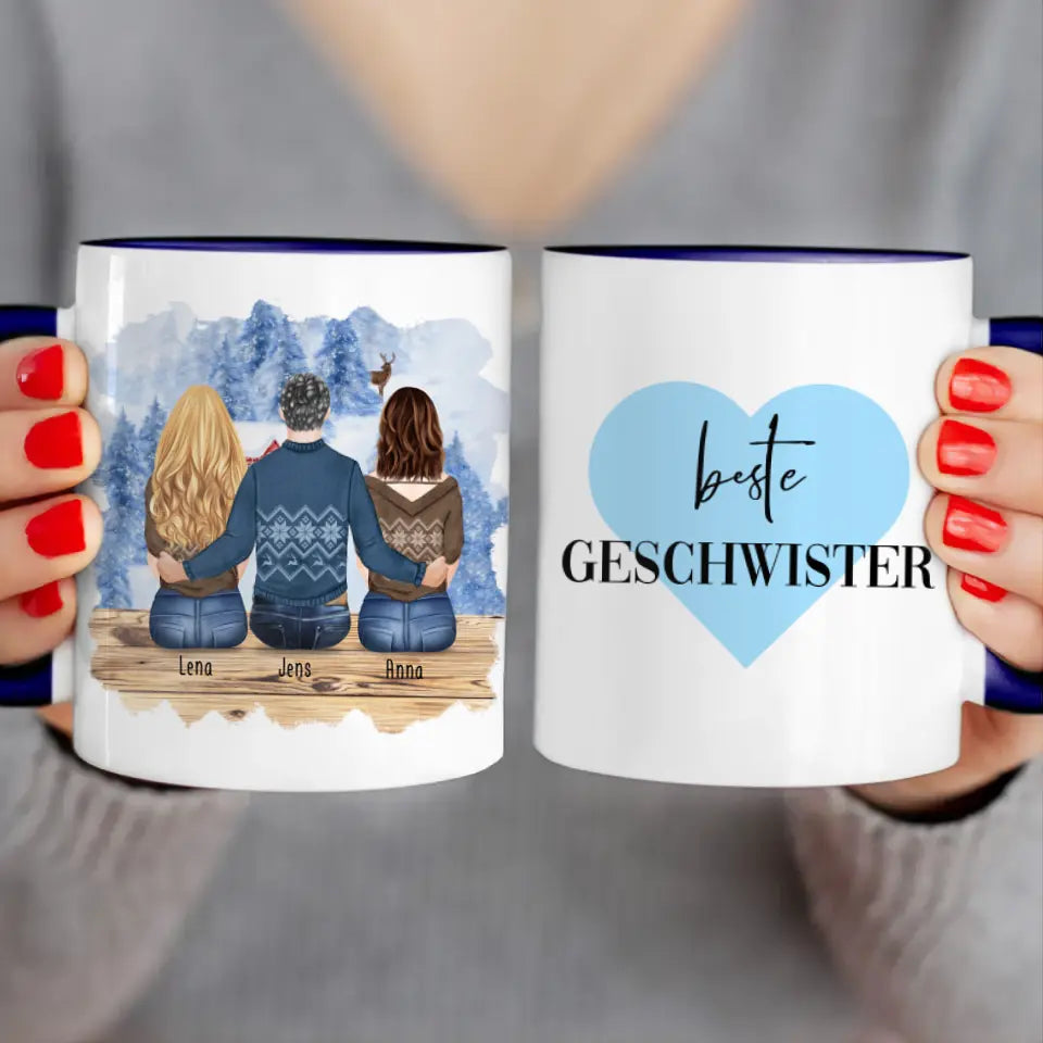 Personalisierte Tasse mit Bruder/Schwester (2 Schwester + 1 Bruder) - Weihnachtstasse