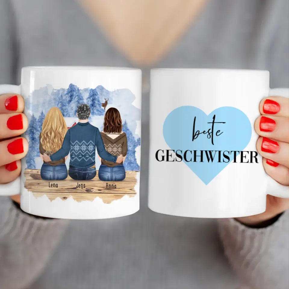 Personalisierte Tasse mit Bruder/Schwester (2 Schwester + 1 Bruder) - Weihnachtstasse