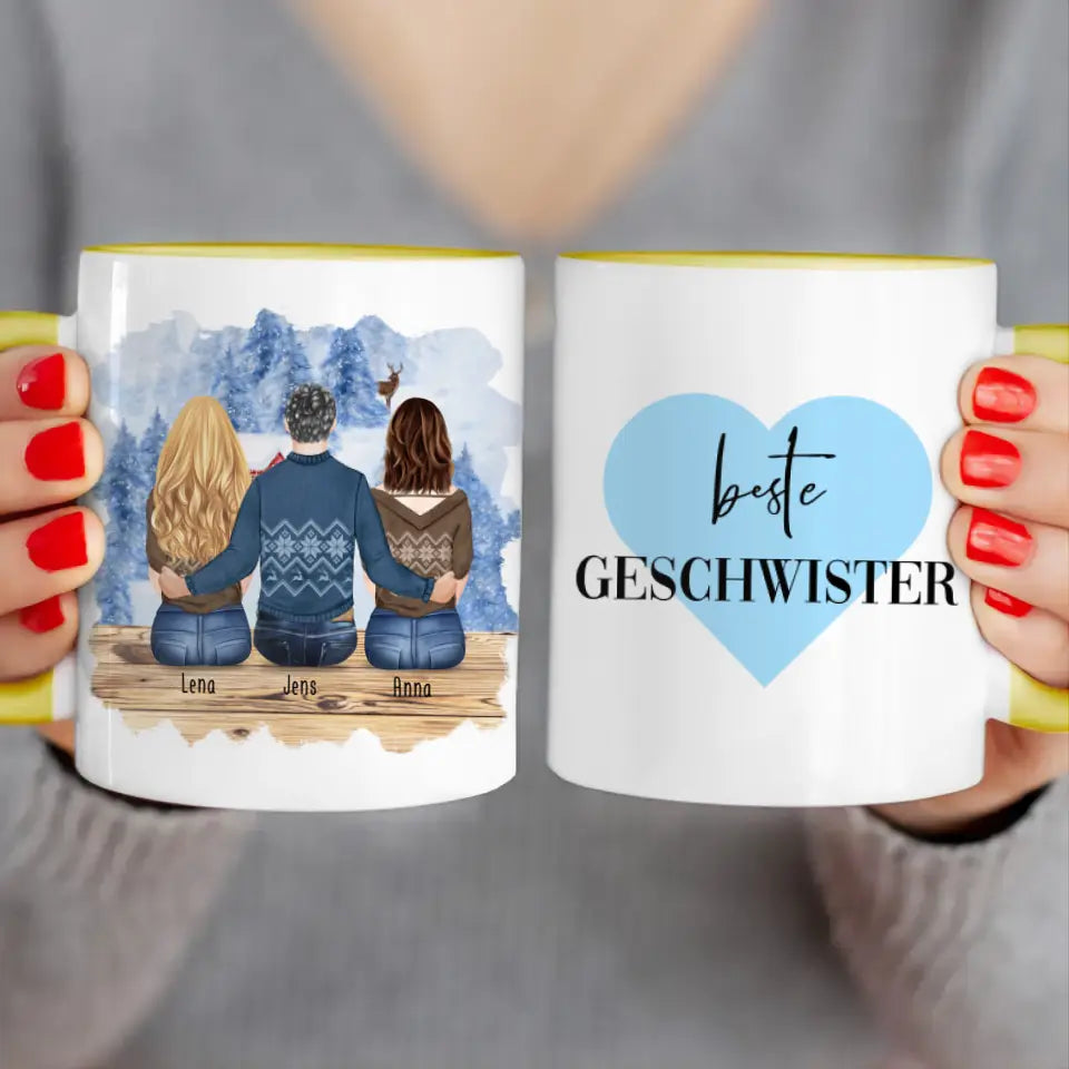 Personalisierte Tasse mit Bruder/Schwester (2 Schwester + 1 Bruder) - Weihnachtstasse