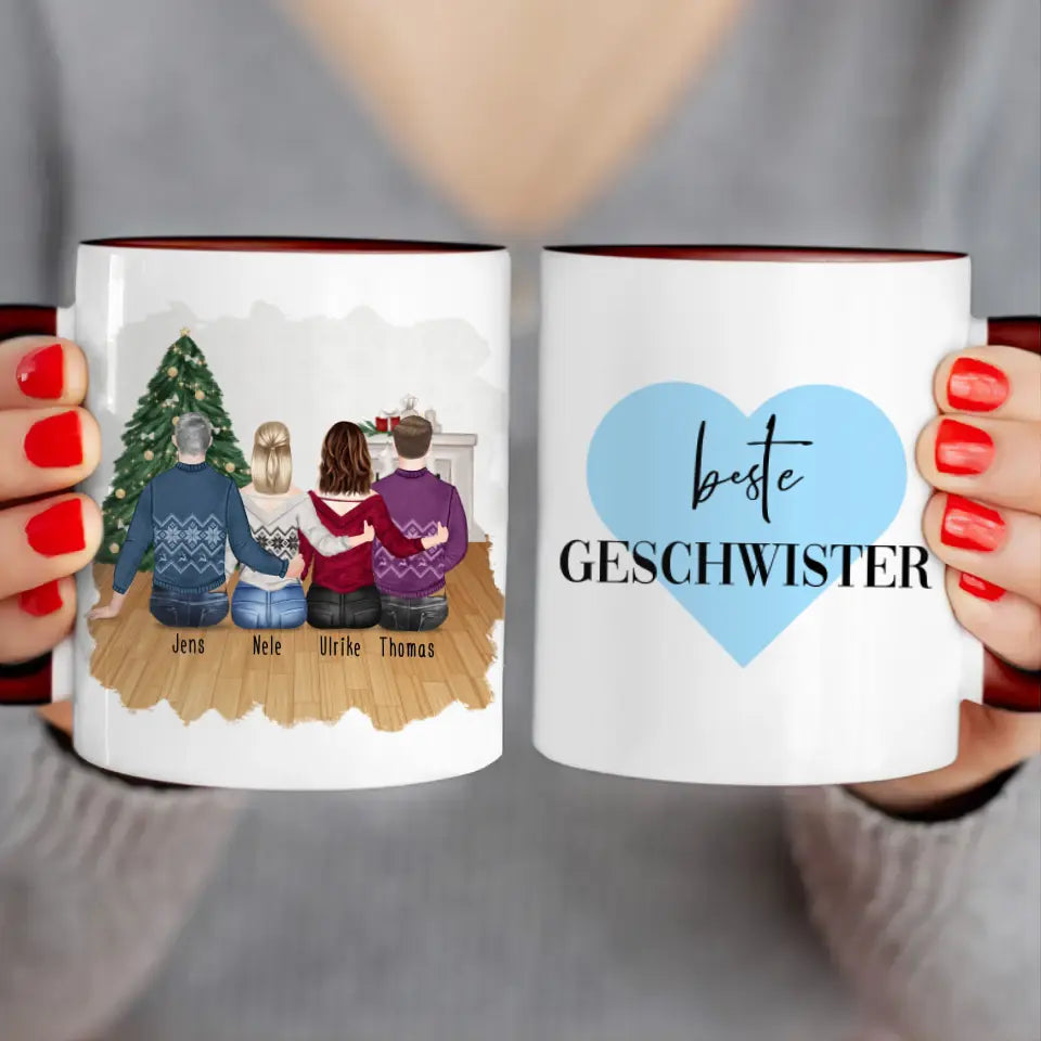 Personalisierte Tasse mit Bruder/Schwester (2 Schwestern + 2 Brüder) - Weihnachtstasse