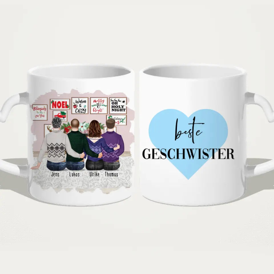 Personalisierte Tasse mit Bruder/Schwester (1 Schwester + 3 Brüder) - Weihnachtstasse