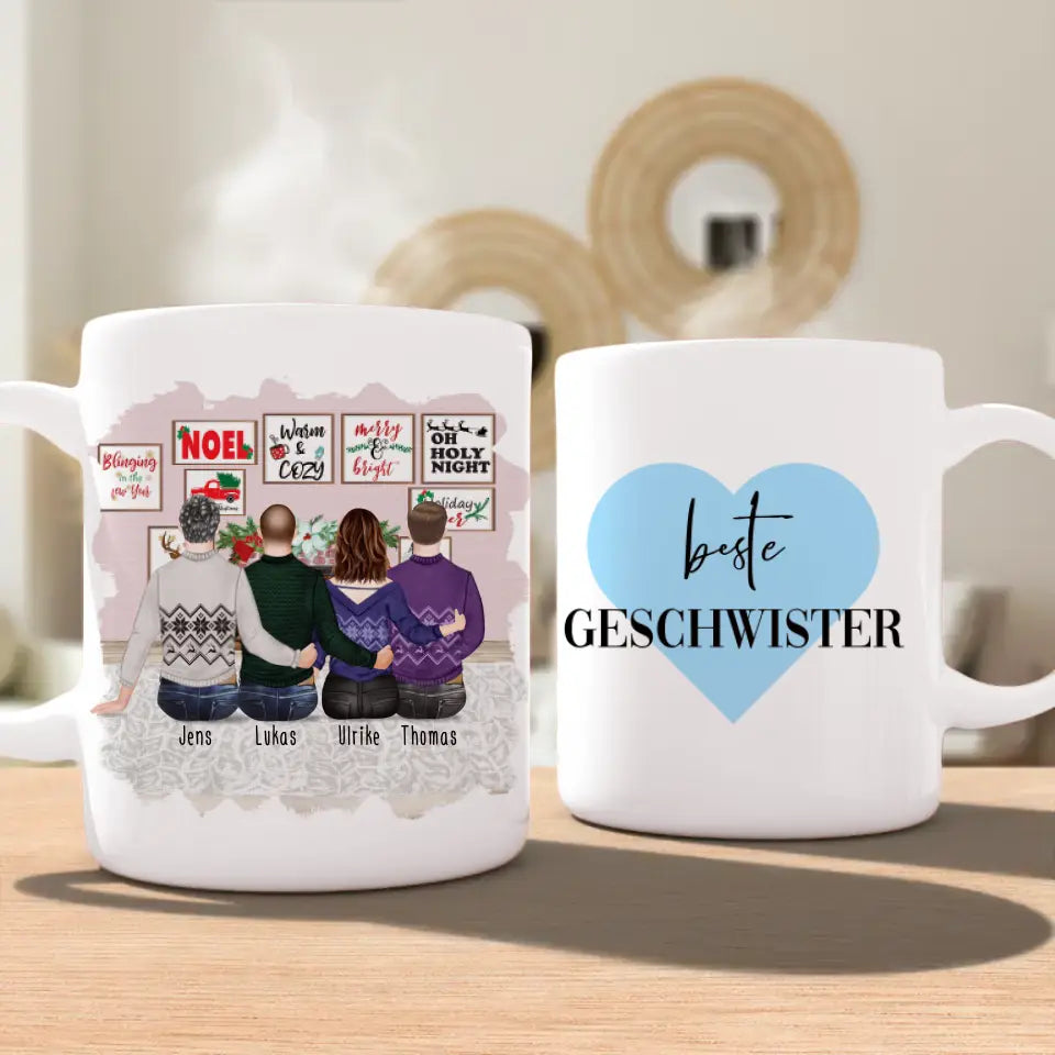 Personalisierte Tasse mit Bruder/Schwester (1 Schwester + 3 Brüder) - Weihnachtstasse