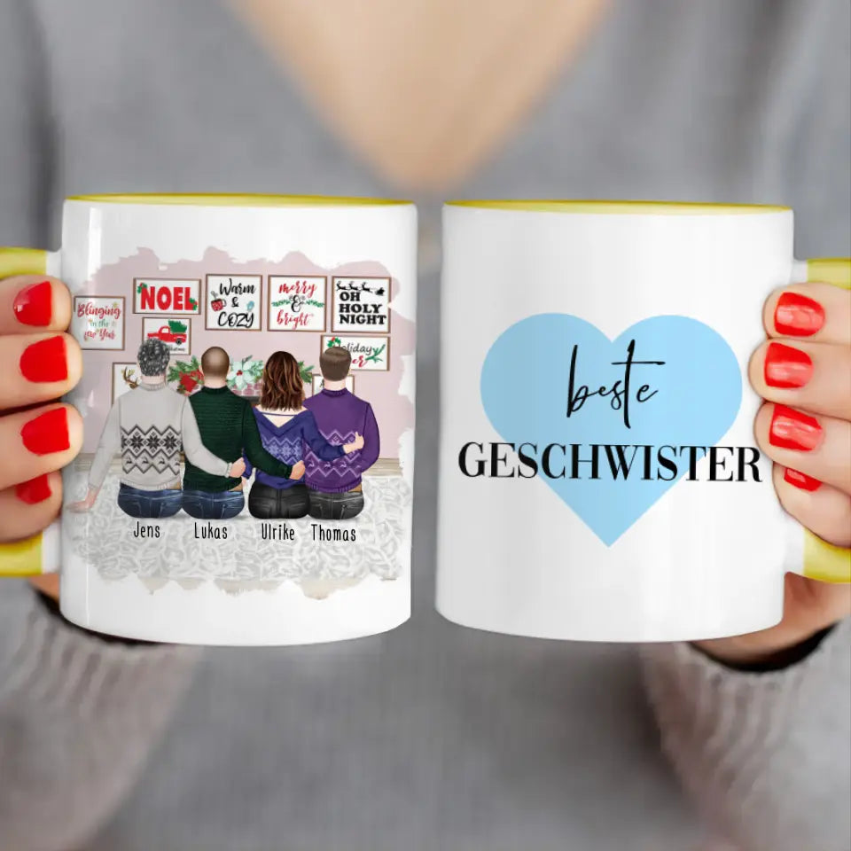 Personalisierte Tasse mit Bruder/Schwester (1 Schwester + 3 Brüder) - Weihnachtstasse