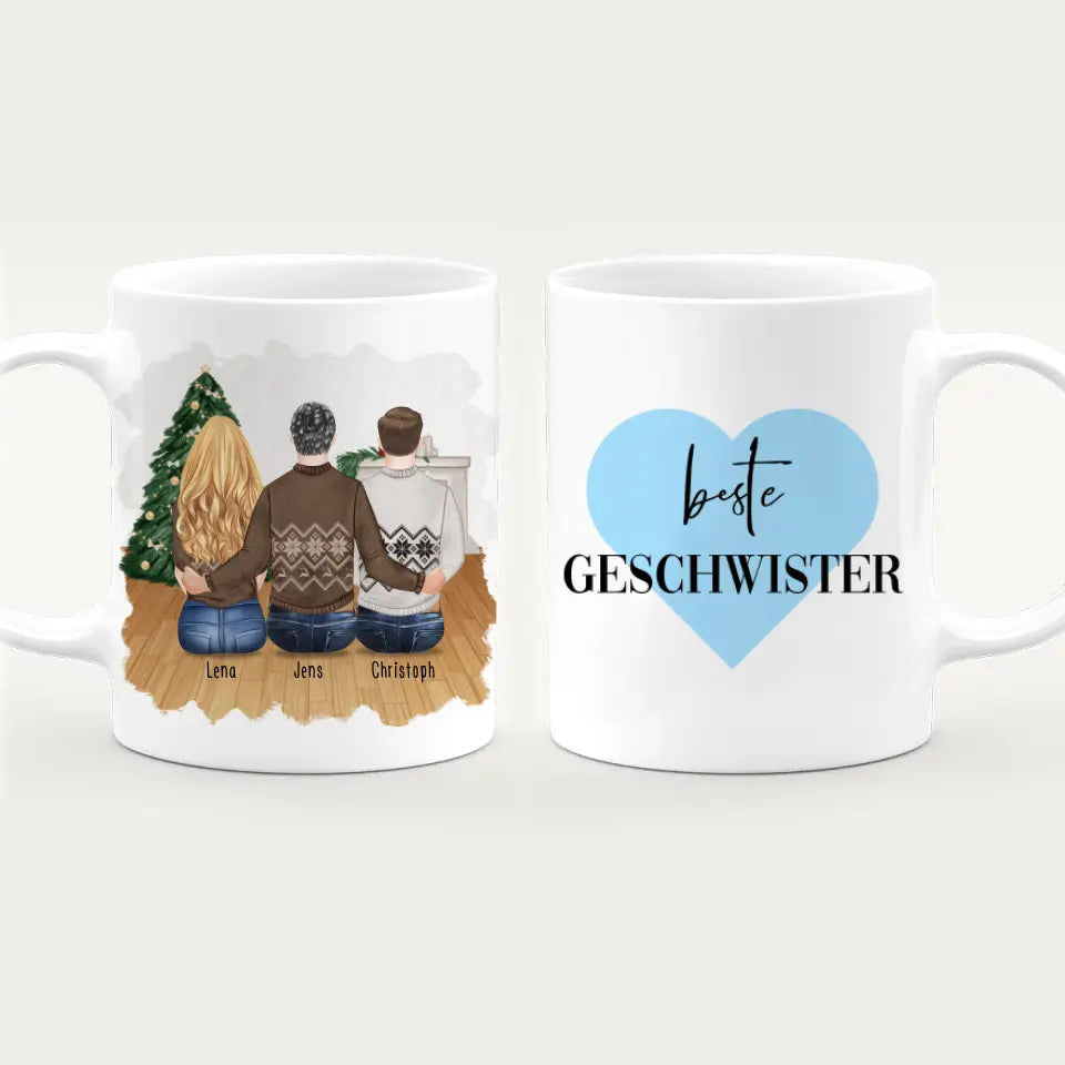 Personalisierte Tasse mit Bruder/Schwester (1 Schwester + 2 Brüder) - Weihnachtstasse