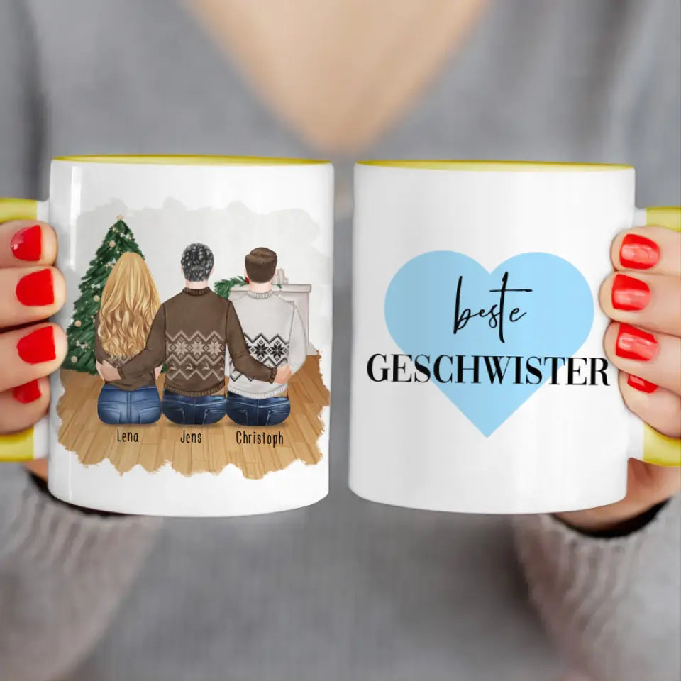 Personalisierte Tasse mit Bruder/Schwester (1 Schwester + 2 Brüder) - Weihnachtstasse