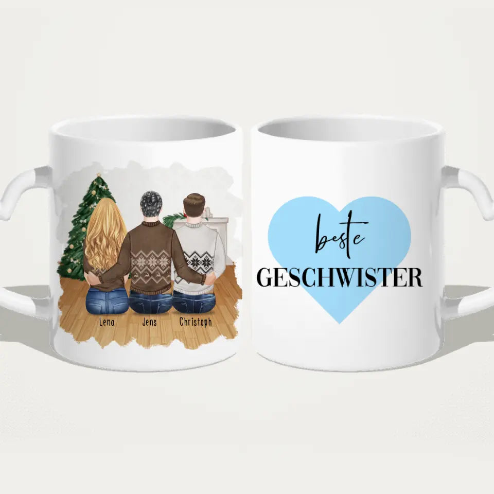 Personalisierte Tasse mit Bruder/Schwester (1 Schwester + 2 Brüder) - Weihnachtstasse