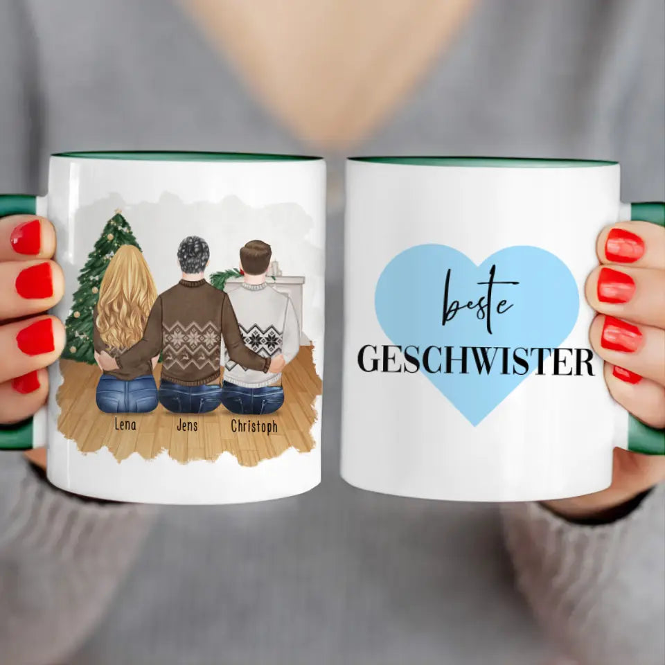 Personalisierte Tasse mit Bruder/Schwester (1 Schwester + 2 Brüder) - Weihnachtstasse