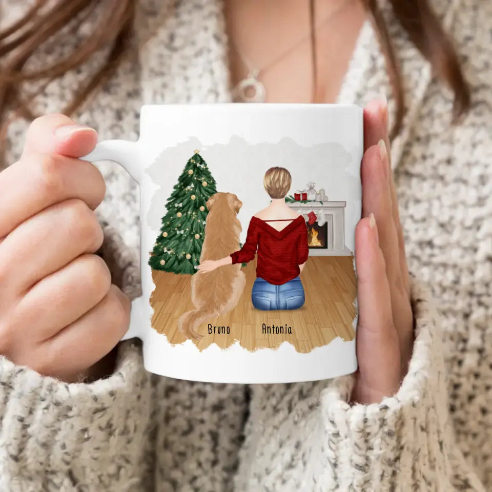 Personalisierte Tasse mit Hund und Frau (1 Hund + 1 Frau) - Weihnachtstasse