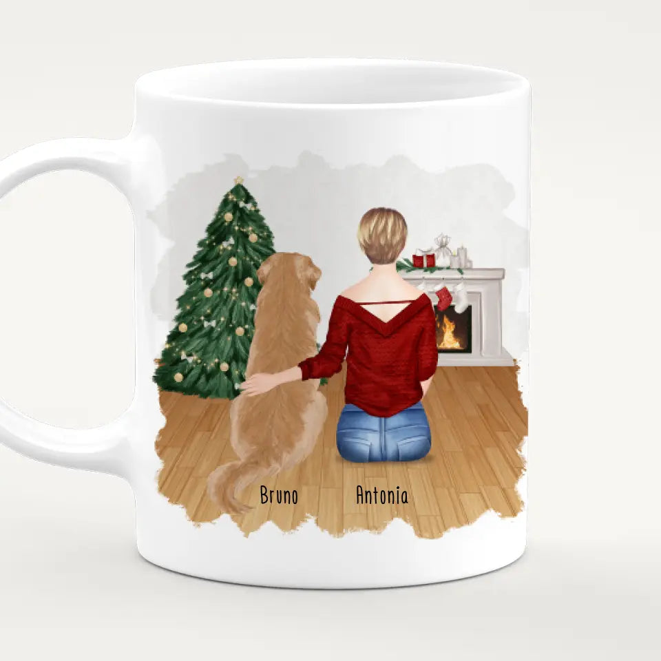 Personalisierte Tasse mit Hund und Frau (1 Hund + 1 Frau) - Weihnachtstasse