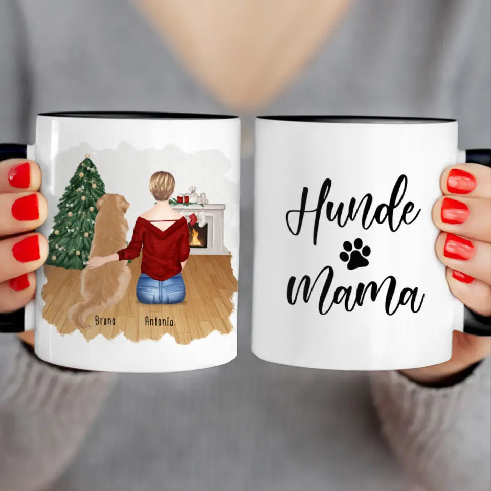 Personalisierte Tasse mit Hund und Frau (1 Hund + 1 Frau) - Weihnachtstasse