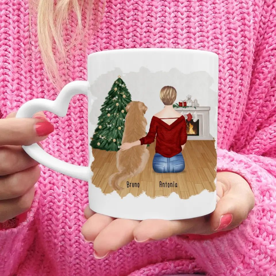 Personalisierte Tasse mit Hund und Frau (1 Hund + 1 Frau) - Weihnachtstasse