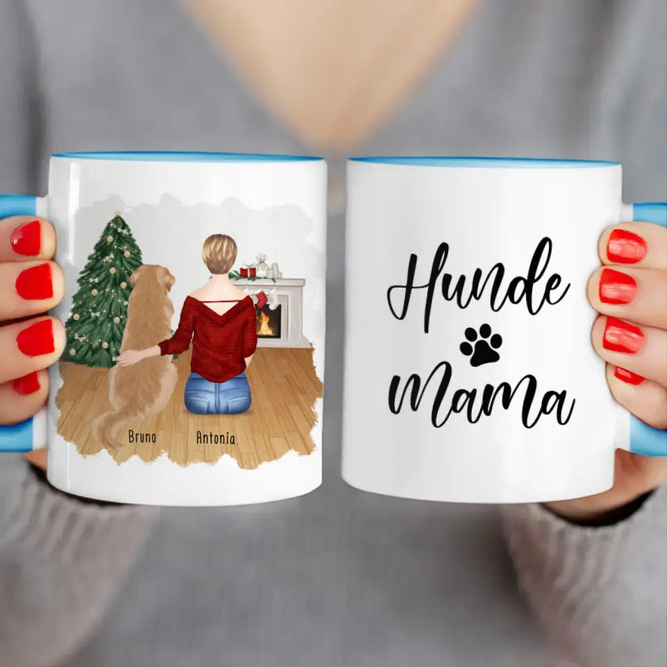 Personalisierte Tasse mit Hund und Frau (1 Hund + 1 Frau) - Weihnachtstasse