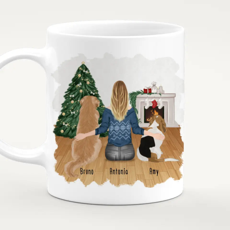 Personalisierte Tasse mit Hund und Frau (2 Hunde + 1 Frau) - Weihnachtstasse