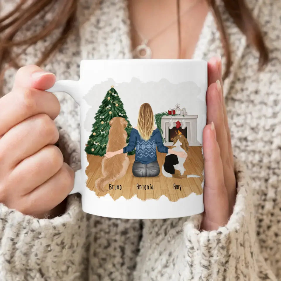 Personalisierte Tasse mit Hund und Frau (2 Hunde + 1 Frau) - Weihnachtstasse