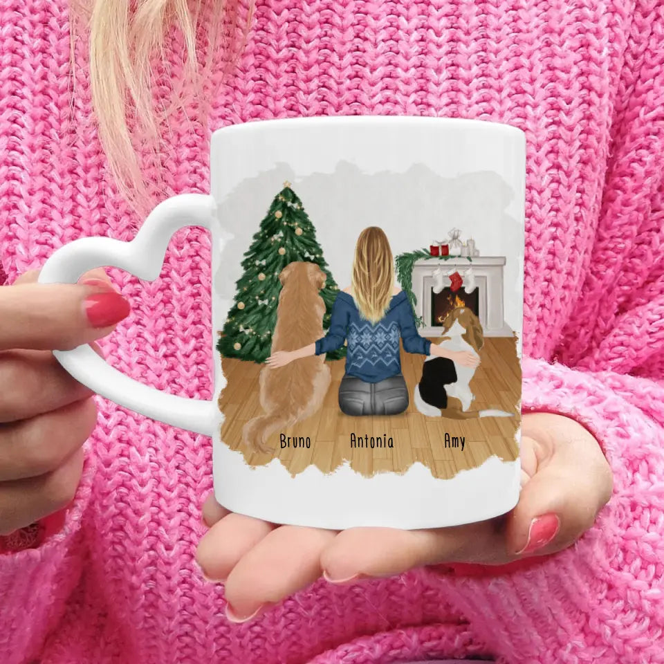 Personalisierte Tasse mit Hund und Frau (2 Hunde + 1 Frau) - Weihnachtstasse