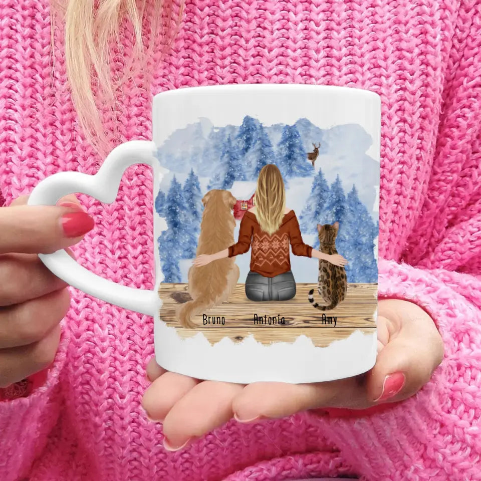 Personalisierte Tasse mit Hund/Katze/Frau (1 Hunde + 1 Katze + 1 Frau) - Weihnachtstasse