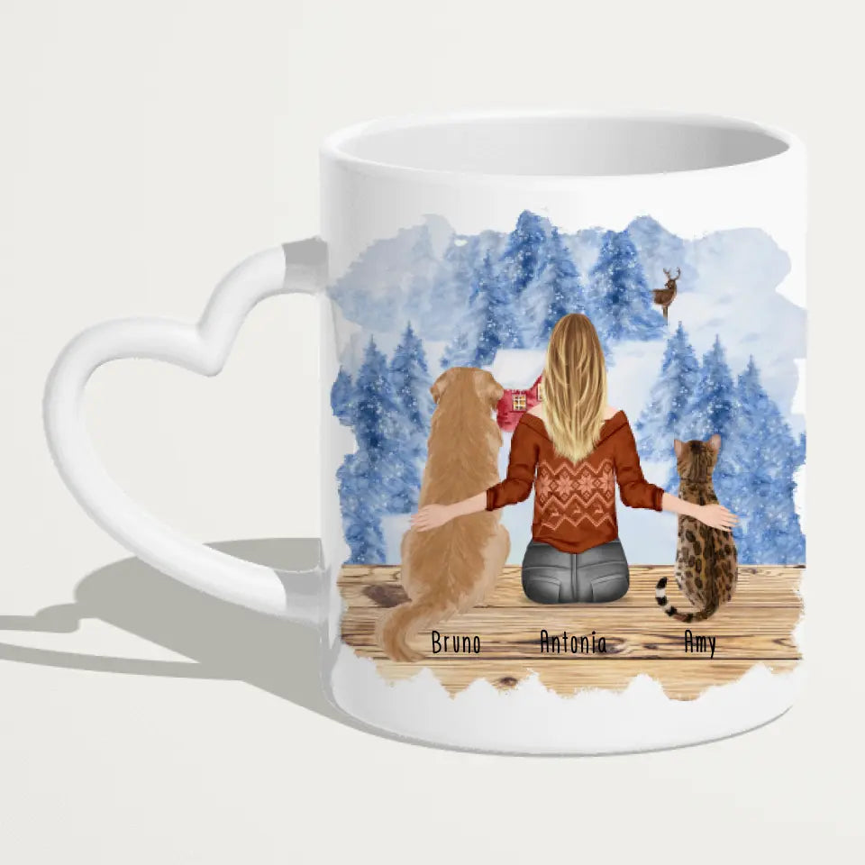 Personalisierte Tasse mit Hund/Katze/Frau (1 Hunde + 1 Katze + 1 Frau) - Weihnachtstasse