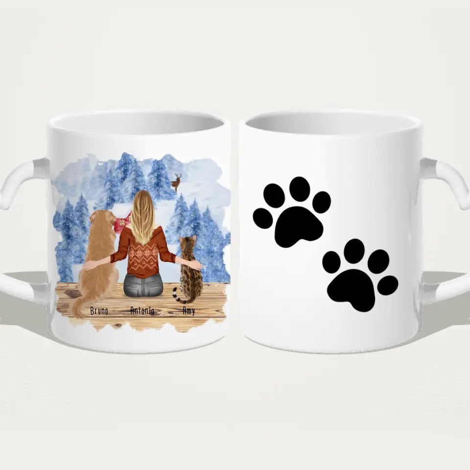 Personalisierte Tasse mit Hund/Katze/Frau (1 Hunde + 1 Katze + 1 Frau) - Weihnachtstasse