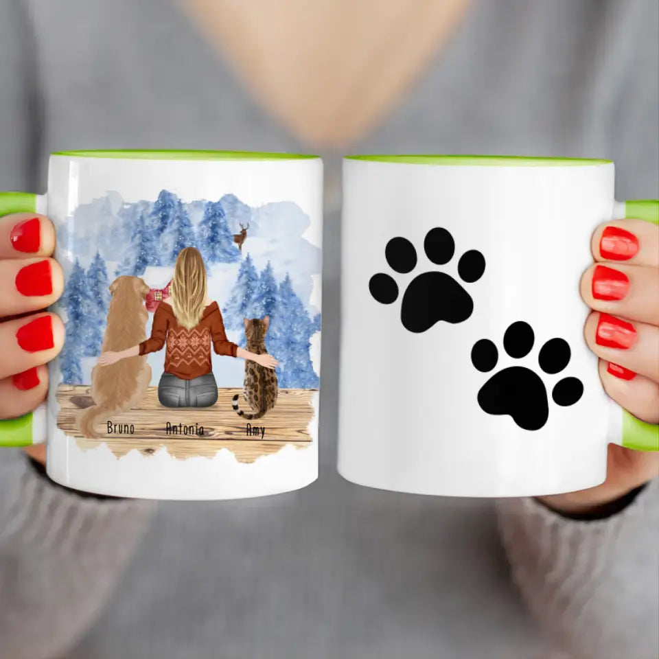 Personalisierte Tasse mit Hund/Katze/Frau (1 Hunde + 1 Katze + 1 Frau) - Weihnachtstasse