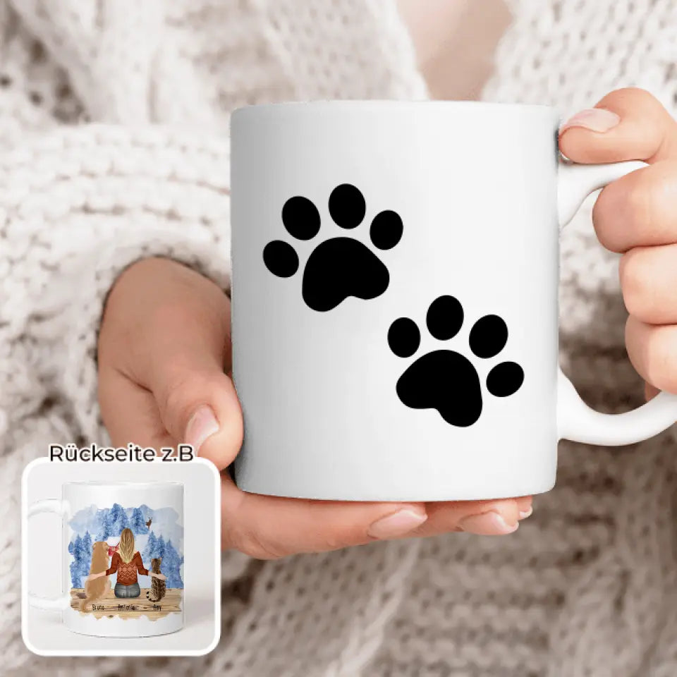 Personalisierte Tasse mit Hund/Katze/Frau (1 Hunde + 1 Katze + 1 Frau) - Weihnachtstasse