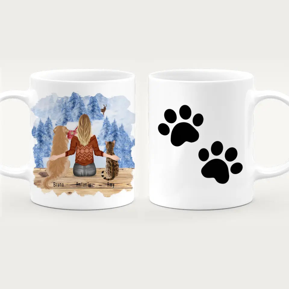 Personalisierte Tasse mit Hund/Katze/Frau (1 Hunde + 1 Katze + 1 Frau) - Weihnachtstasse