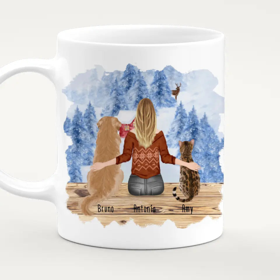 Personalisierte Tasse mit Hund/Katze/Frau (1 Hunde + 1 Katze + 1 Frau) - Weihnachtstasse