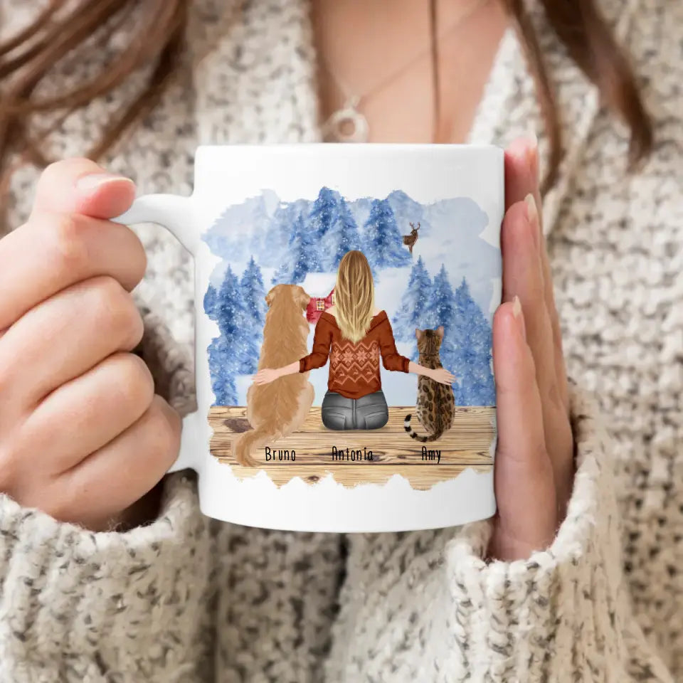 Personalisierte Tasse mit Hund/Katze/Frau (1 Hunde + 1 Katze + 1 Frau) - Weihnachtstasse