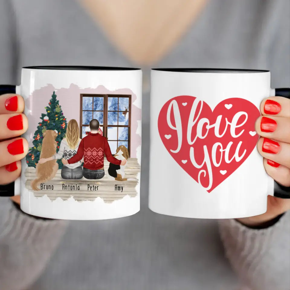 Personalisierte Tasse mit Pärchen und 2 Hunden - Weihnachtstasse