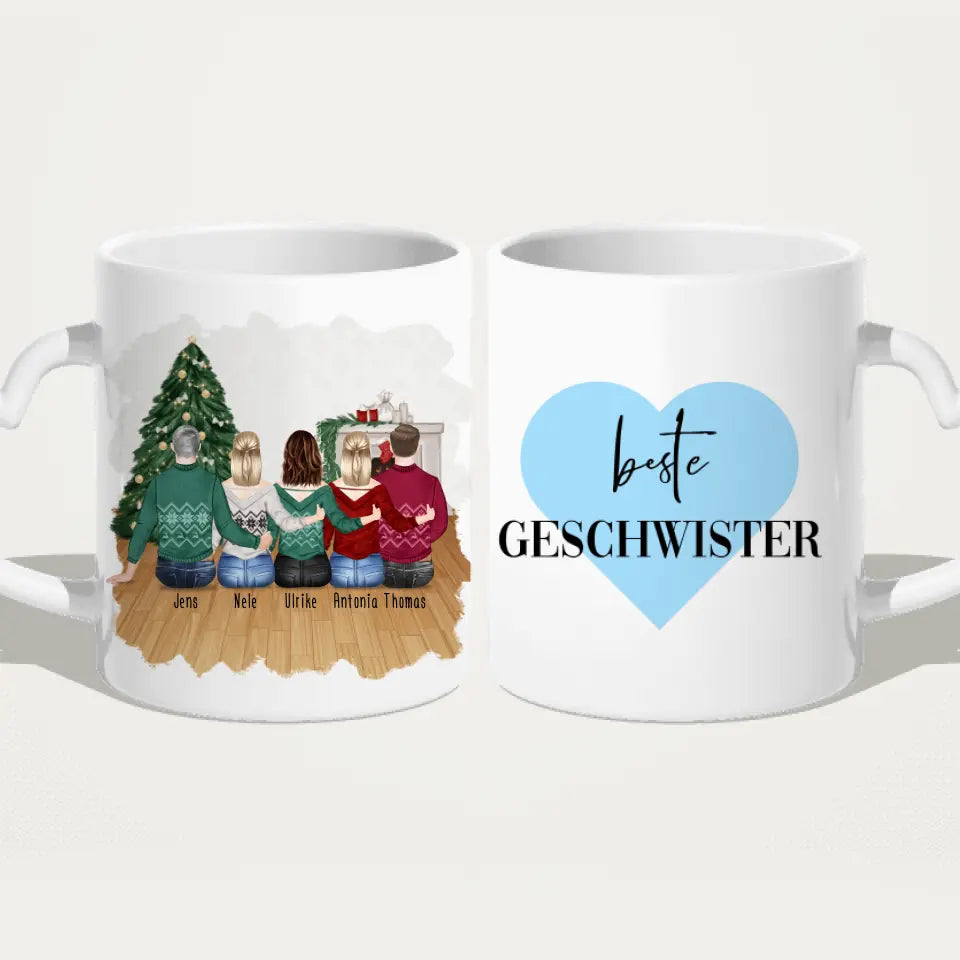 Personalisierte Tasse mit Bruder/Schwester (3 Schwestern + 2 Brüder) - Weihnachtstasse