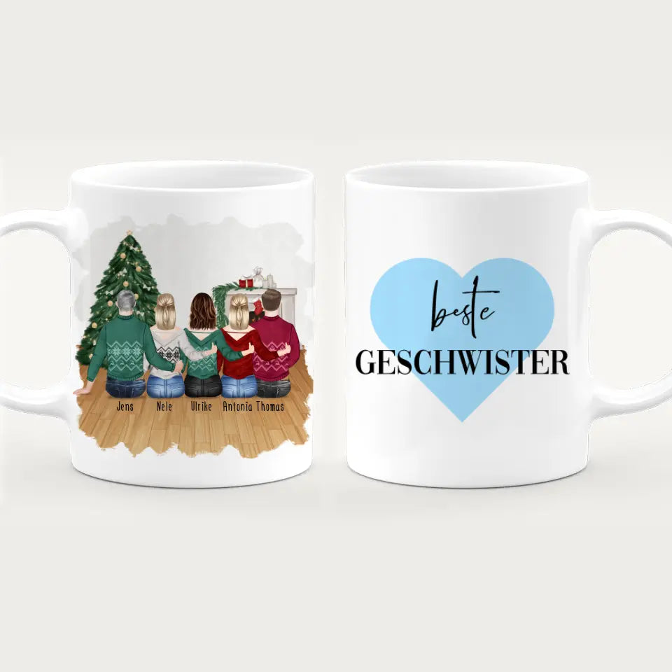 Personalisierte Tasse mit Bruder/Schwester (3 Schwestern + 2 Brüder) - Weihnachtstasse