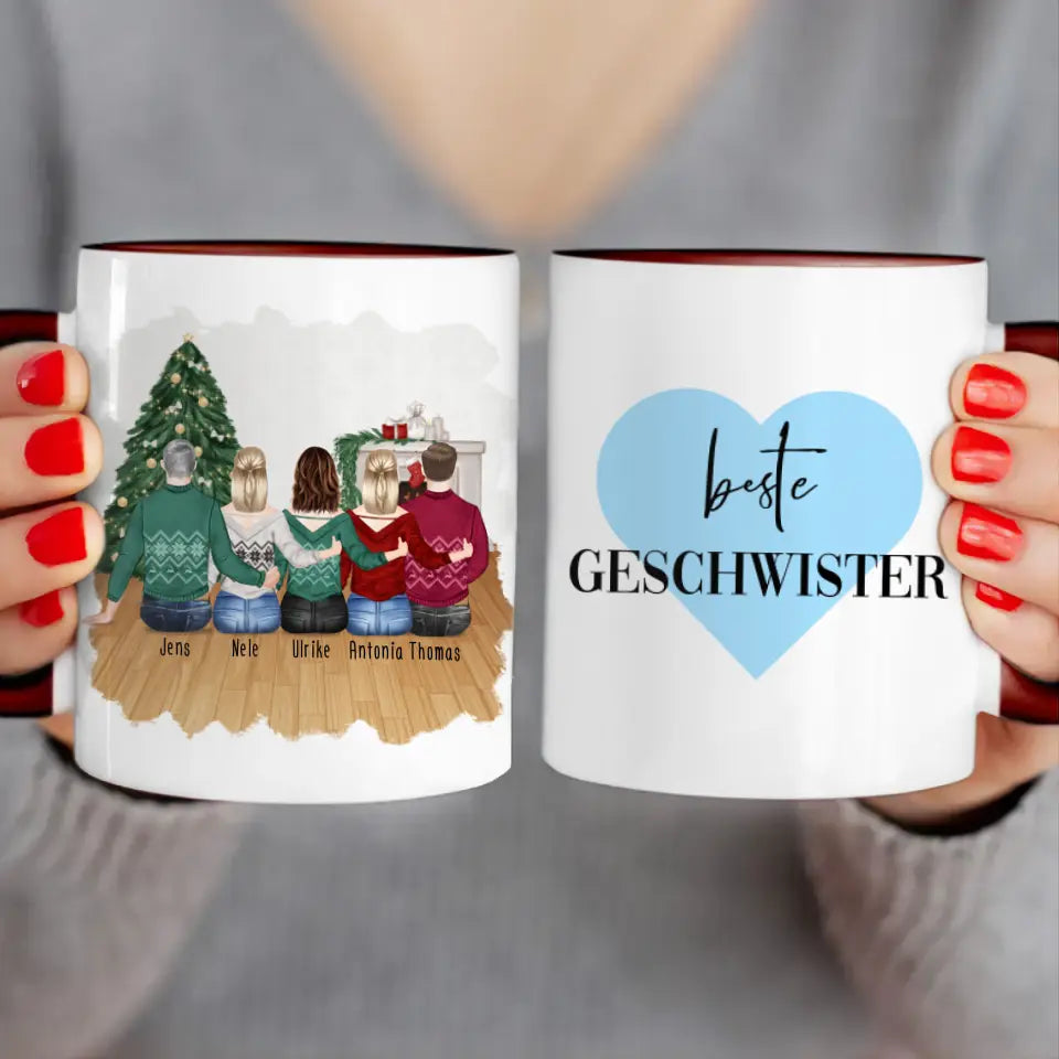 Personalisierte Tasse mit Bruder/Schwester (3 Schwestern + 2 Brüder) - Weihnachtstasse