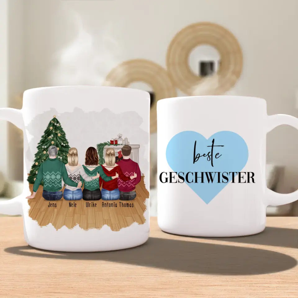 Personalisierte Tasse mit Bruder/Schwester (3 Schwestern + 2 Brüder) - Weihnachtstasse