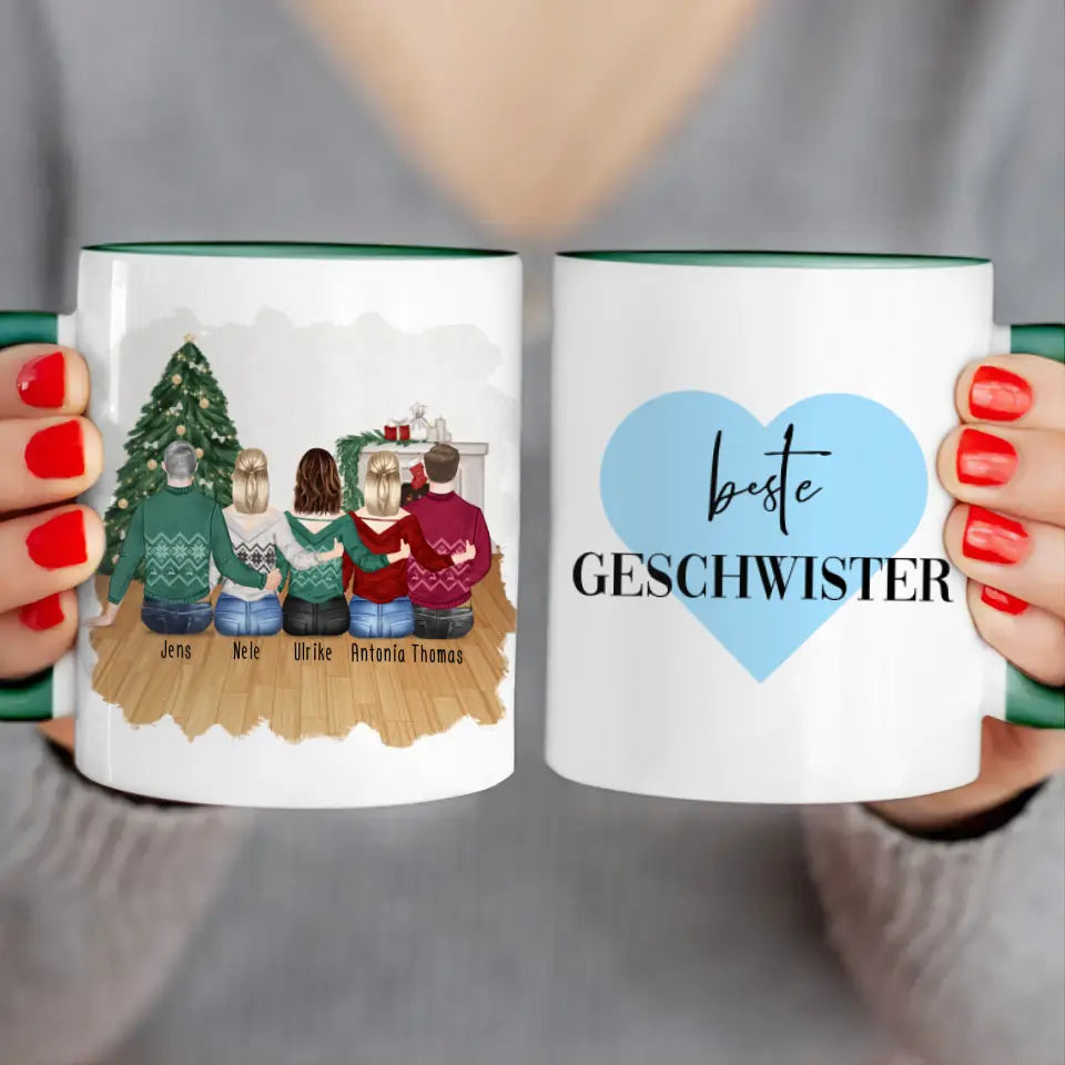 Personalisierte Tasse mit Bruder/Schwester (3 Schwestern + 2 Brüder) - Weihnachtstasse