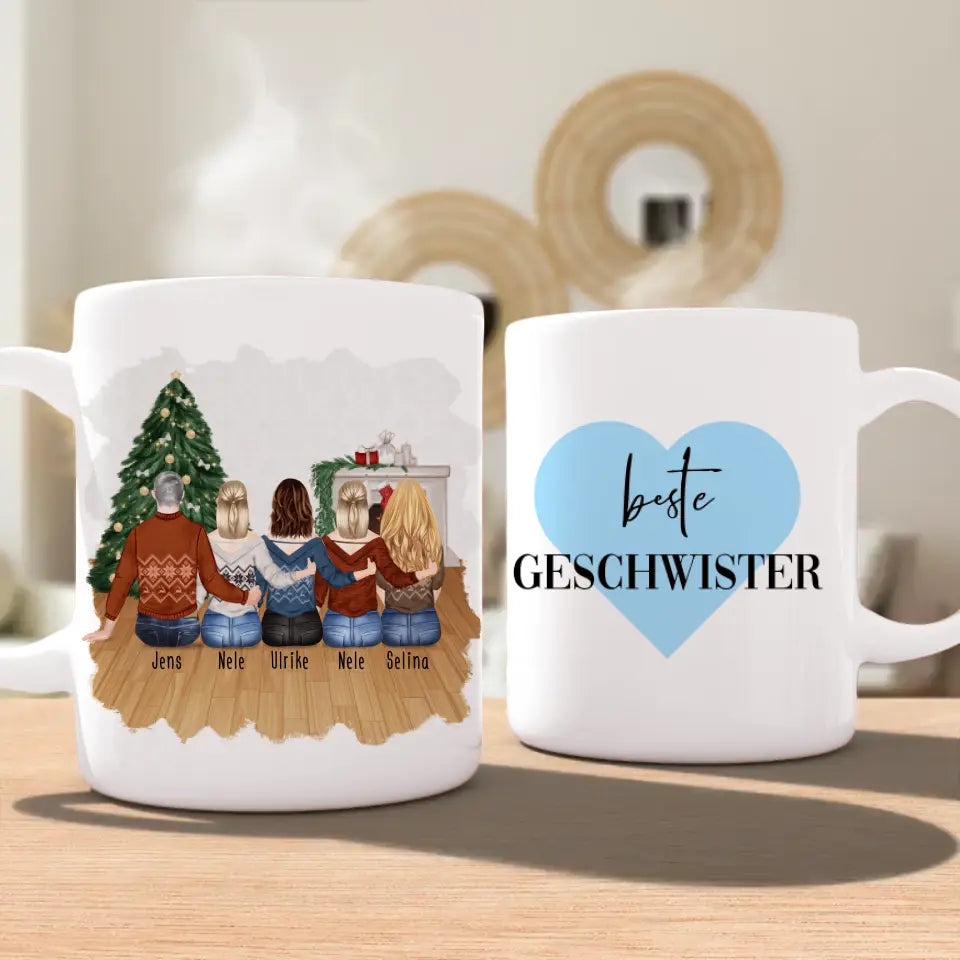 Personalisierte Tasse mit Bruder/Schwester (4 Schwestern + 1 Bruder) - Weihnachtstasse