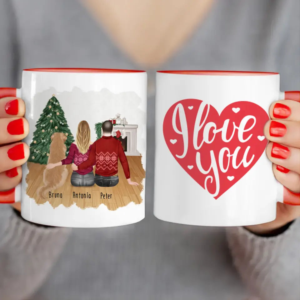 Personalisierte Tasse mit Pärchen und 1 Hund - Weihnachtstasse