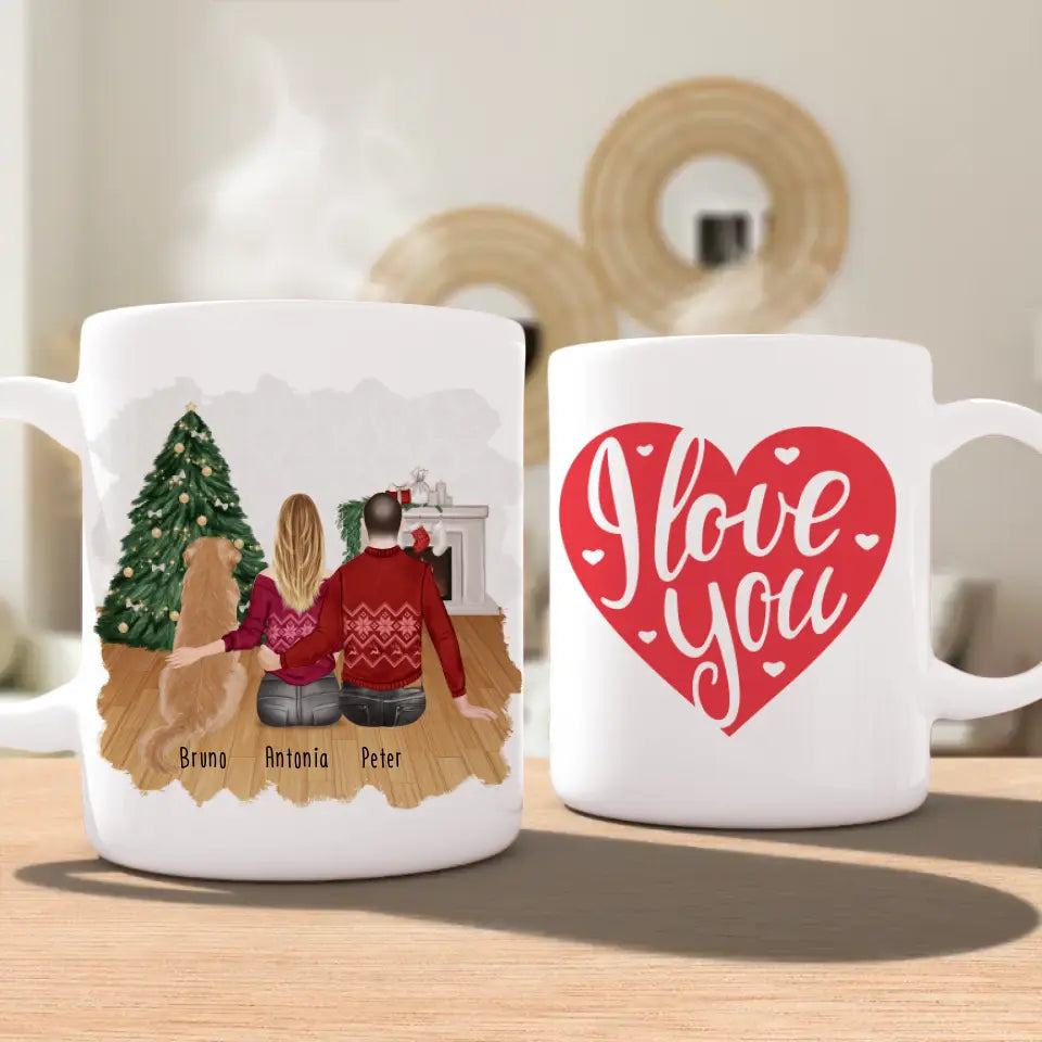 Personalisierte Tasse mit Pärchen und 1 Hund - Weihnachtstasse