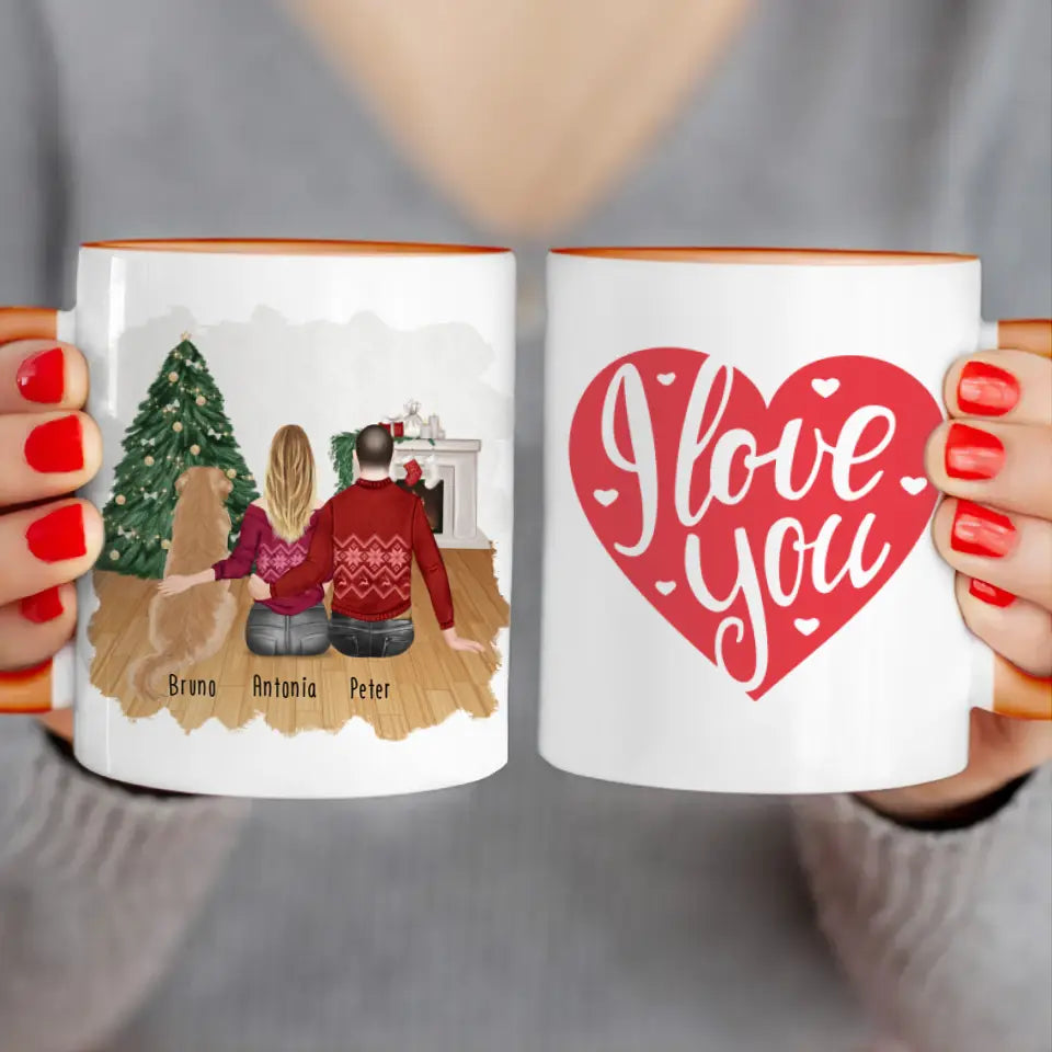 Personalisierte Tasse mit Pärchen und 1 Hund - Weihnachtstasse