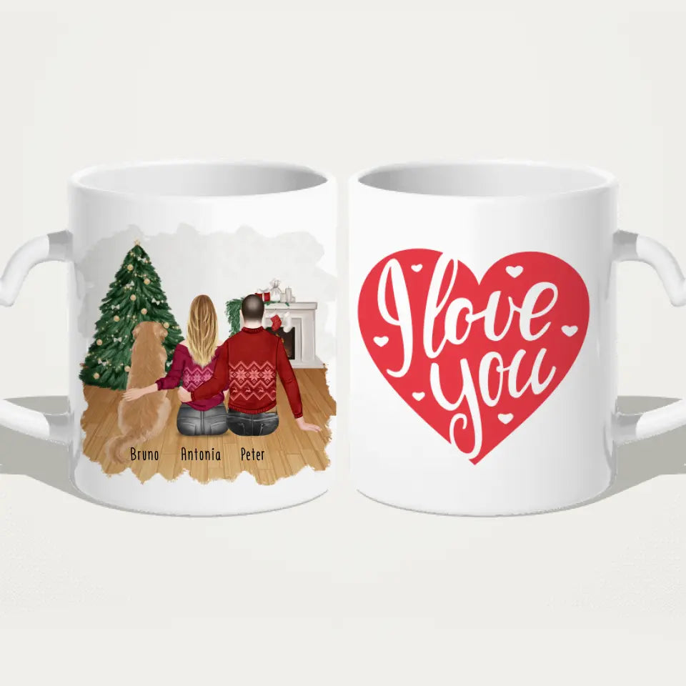 Personalisierte Tasse mit Pärchen und 1 Hund - Weihnachtstasse