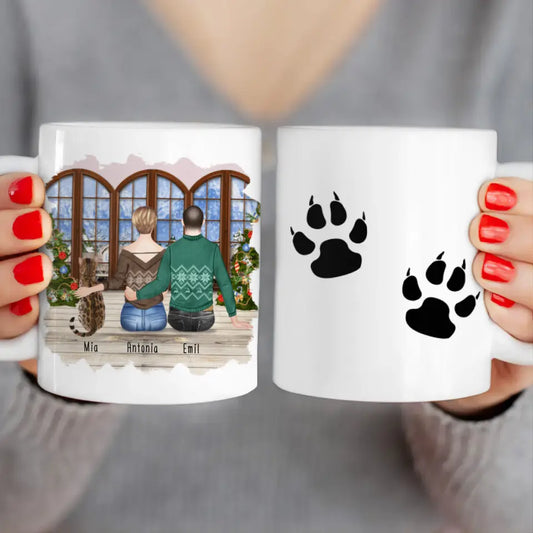 Personalisierte Tasse mit Pärchen und 1 Katze - Weihnachtstasse