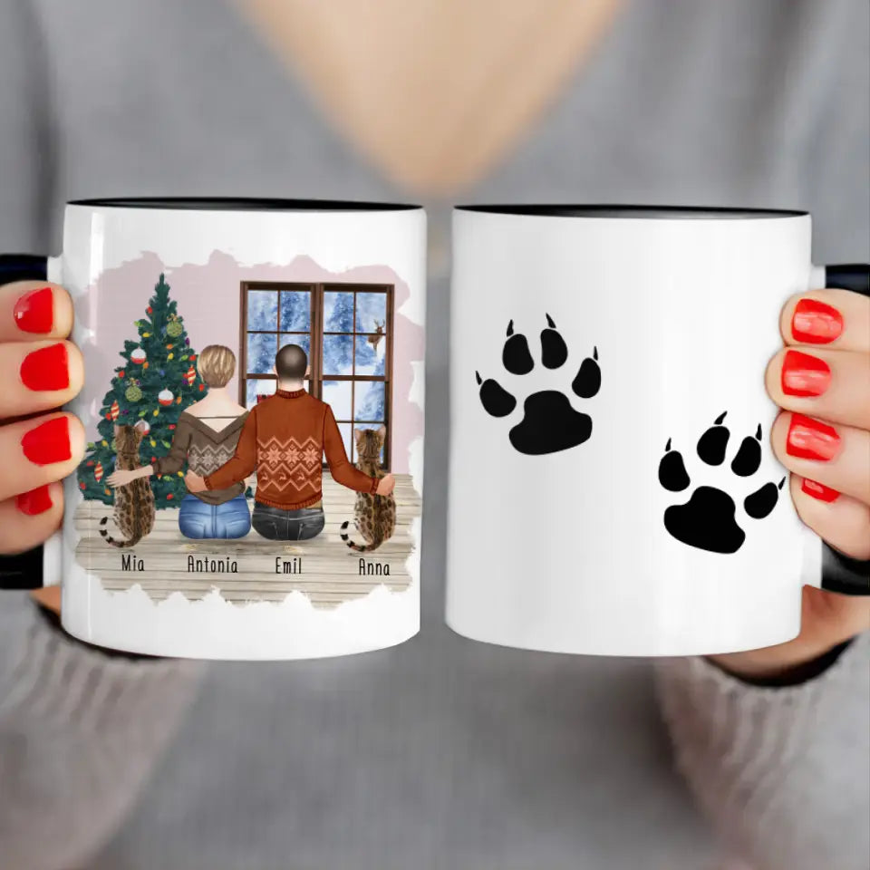 Personalisierte Tasse mit Pärchen und 2 Katzen - Weihnachtstasse