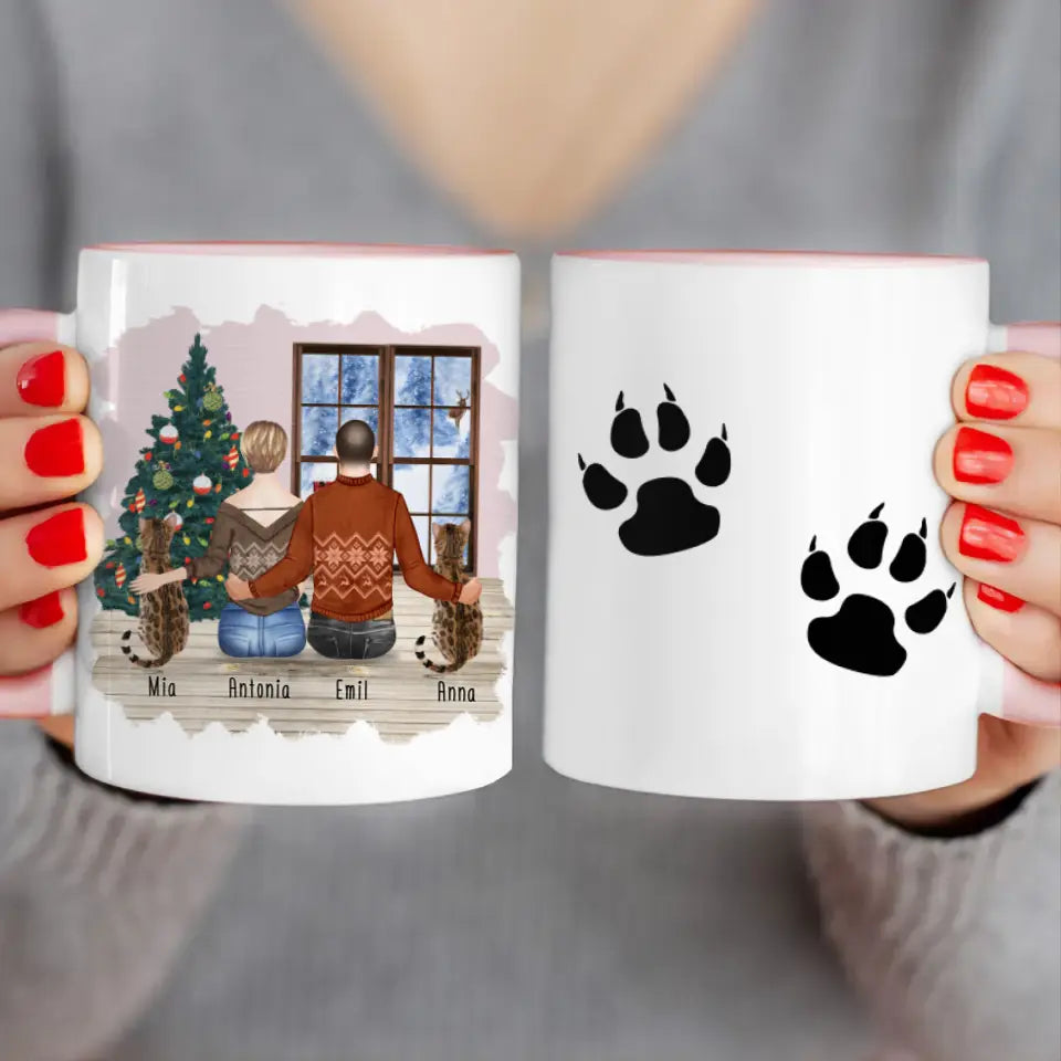 Personalisierte Tasse mit Pärchen und 2 Katzen - Weihnachtstasse