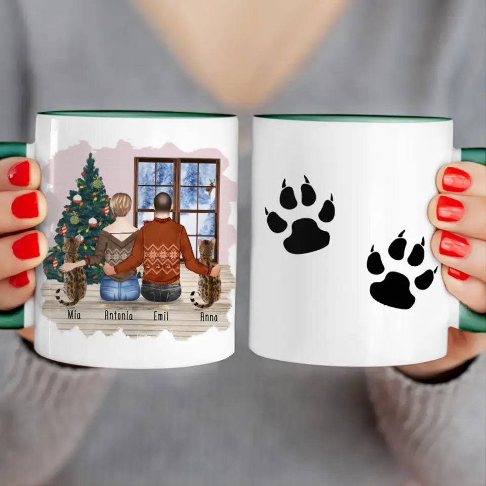 Personalisierte Tasse mit Pärchen und 2 Katzen - Weihnachtstasse