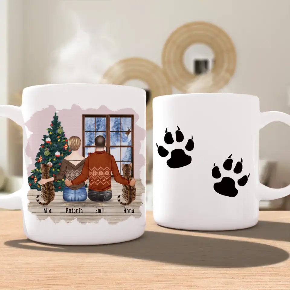 Personalisierte Tasse mit Pärchen und 2 Katzen - Weihnachtstasse